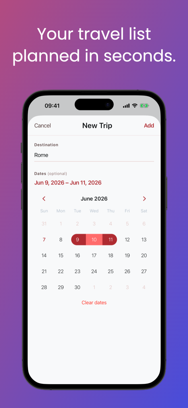 New trip — Your travel list planned in seconds.